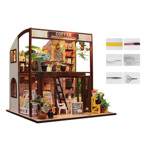Mini-Kaffeestube aus Holz, handgefertigt, selbstmontierbar, Miniaturgebäude mit Spielzeuggeschäft, Kaffeesets, Schuppen, Basteln, Baubuch und Basteln, Ladenbau, Hausschuppen im Geschäft, Mini-Miniat von IUYQY