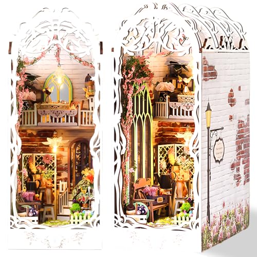 DIY Book Nook Miniatur Haus - Miniatur Puppenhaus Booknook Kit für Erwachsene, 3D Holz Bücherregal Puzzle mit LED-Licht, Dekor Handwerk Geschenken für Teenager Erwachsene (Haus der Blumen) von IVEOPPE