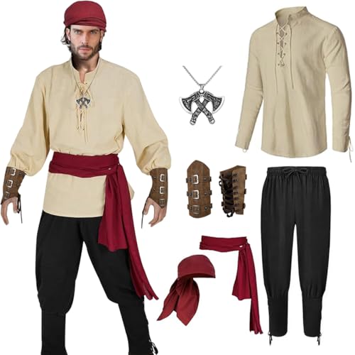 Mittelalter Kleidung Herren Set - Renaissance Kostüm, Piratenkostüm Herren, Mittelalterliches Piratenhemd Hose Kopfschmuck Gürtel Handgelenkschützer Halsketten, für Partys Karneval Halloween (XXL) von IVEOPPE