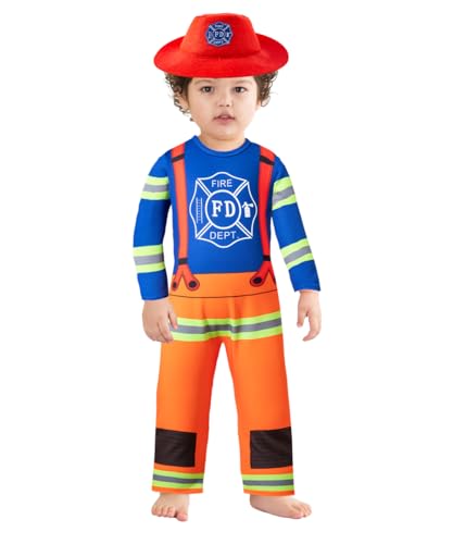 IWALUE Feuerwehrmann-Kostüm für Babys, Jungen, Halloween, Feuerwehrmann, Verkleidungsparty mit Hut (blau, 3–4 Jahre) von IWALUE