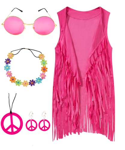IWALUE Hippie-Kostüm-Set für Mädchen und Mädchen, 60er und 70er Jahre Hippie-Kostüm, Weste mit Quasten und Ohrringen, Stirnband und Brille, Rosa, 12-14 Jahre IWALUE Hippie-Kostüm-Set für Mädchen und Mädchen, 60er und 70er Jahre Hippie-Kostüm, Weste mit Quasten und Ohrringen, Stirnband und Brille, Rosa, 12-14 Jahre von IWALUE