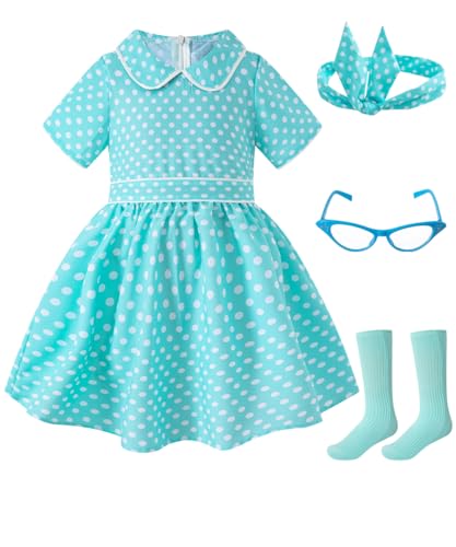 IWALUE Mädchen 1950er Vintage Kleid Retro Polka Dot Kleid mit Stirnband Brille und Socken, Grün , 7-8 Jahre von IWALUE