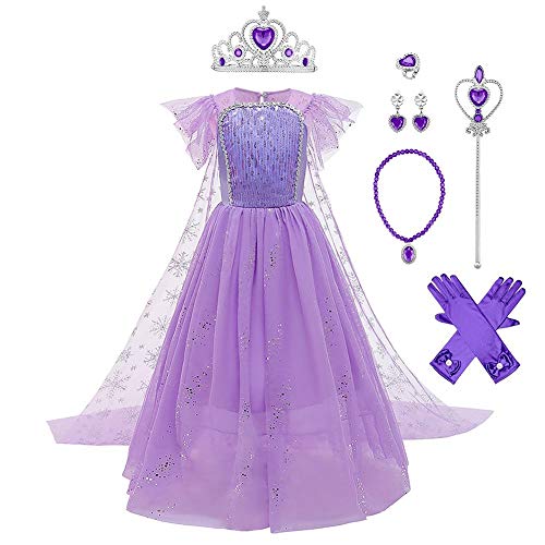 IWEMEK 7tlg Mädchen Eiskönigin ELSA Kostüm Schneekönigin Prinzessin Kleid mit Umhang + Zubehör Weihnachten Halloween Fest Karneval Fasching Verkleidung Party Kostüme Outfits Kinder Violett Set 7-8J von IWEMEK