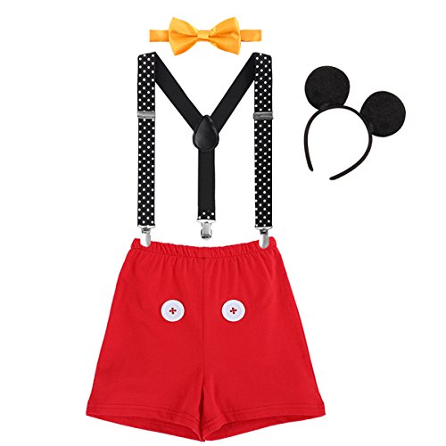 IWEMEK Baby Mickey Mouse 1. / 2./ 3. Geburtstag Halloween Kostüm Outfit Unterhose + Fliege + Y-Form Hosenträger + Maus Ohren 4pcs Bekleidungssets Fotoshooting Kostüm für Unisex Jungen von IWEMEK