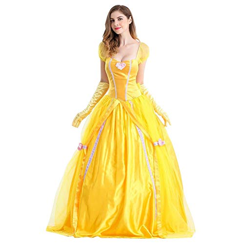 IWEMEK Damen Belle Kleid Erwachsene Halloween Fasching Karneval Kostüm Festlich Party Prinzessin Kleid Gelbes Maxikleid mit Handschuhe Märchen Cosplay Verkleidung 2tlg Set Outfits S von IWEMEK