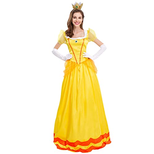 IWEMEK Damen Daisy Peach Prinzessin Kleid Puffärmel Langes Kleid mit Handschuhen Krone Zubehör Set Erwachsene Karneval Kostüm Halloween Fancy Dress Verkleidung Festzug Party Outfits Gelb L von IWEMEK