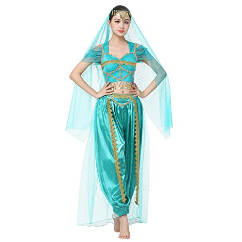 IWEMEK Frauen Aladdin Kostüm Erwachsene Araber Jasmin Prinzessin Kleid Crop Top + Hose + Schal Märchen Cosplay Halloween Karneval Kostüme Verkleidung Party Outfits Blau L von IWEMEK