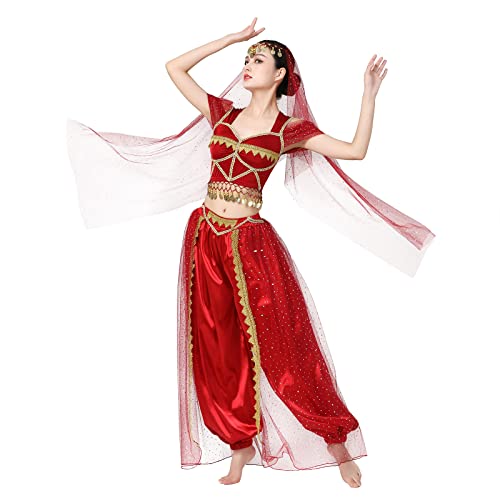 IWEMEK Frauen Aladdin Kostüm Erwachsene Araber Jasmin Prinzessin Kleid Crop Top + Hose + Schal Märchen Cosplay Halloween Karneval Kostüme Verkleidung Party Outfits Rot L von IWEMEK