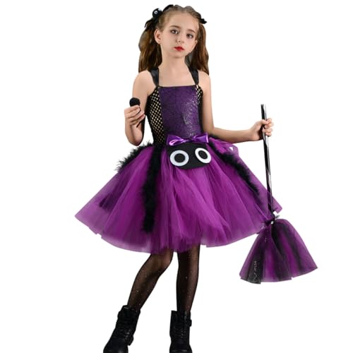 IWEMEK Halloween Kleid Kinder Mädchen Hexenkostüm Partykleid mit Spinnennetz Hexen Kleider mit Schleierrock und Besen lila S IWEMEK Halloween Kleid Kinder Mädchen Hexenkostüm Partykleid mit Spinnennetz Hexen Kleider mit Schleierrock und Besen lila S von IWEMEK