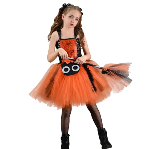 IWEMEK Halloween Kleid Kinder Mädchen Hexenkostüm Partykleid mit Spinnennetz Hexen Kleider mit Schleierrock und Besen orange XXL IWEMEK Halloween Kleid Kinder Mädchen Hexenkostüm Partykleid mit Spinnennetz Hexen Kleider mit Schleierrock und Besen orange XXL von IWEMEK
