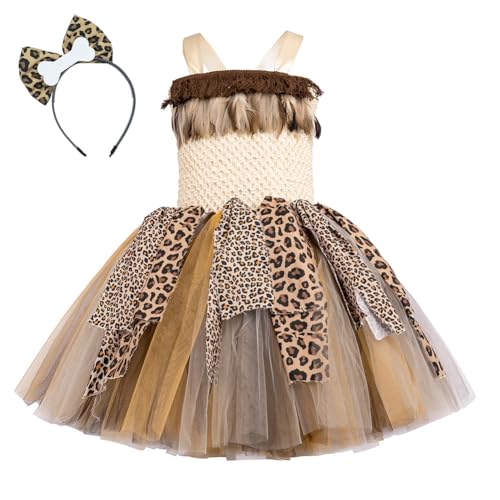 IWEMEK Indianer Kleid Mädchen Höhlenmädchen Kostüm: Rüschenkleid für Halloween Rollenspiel - Fasching Karneval Outfit mit Federn Kopfschmuck Verkleidung, Stammes-Design Braun 7-8Y IWEMEK Indianer Kleid Mädchen Höhlenmädchen Kostüm: Rüschenkleid für Halloween Rollenspiel - Fasching Karneval Outfit mit Federn Kopfschmuck Verkleidung, Stammes-Design Braun 7-8Y von IWEMEK