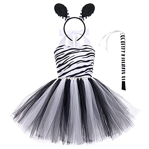 IWEMEK Kinder Baby Mädchen Milchkuh Tiger Leopard Tier Kostüm Karneval Halloween Ärmellos Tutu Prinzessinkleid + Ohr Stirnband + Schwanz Fotoshooting Outfits Bekleidungset Schwarz Zebra 3-4 Jahre von IWEMEK