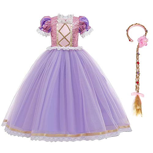 IWEMEK Rapunzel Kinder Kostüm Mädchen Prinzessin Kleid lang aus Tüll + Zubehör Set Märchen Cosplay Halloween Karneval Kostüm Weihnachten Geburtstag Party Outfits #H Set 4-5 Jahre von IWEMEK