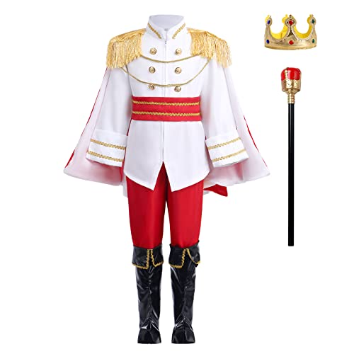 IWEMEK Kostüm Prinz Charming Kinder Jungen Königlicher Prinz Märchenprinz Kleidung mit Jacke Gürtel + König Krone Zepter Cosplay Karneval Halloween Mottoparty Weiß 11-12 Jahre von IWEMEK