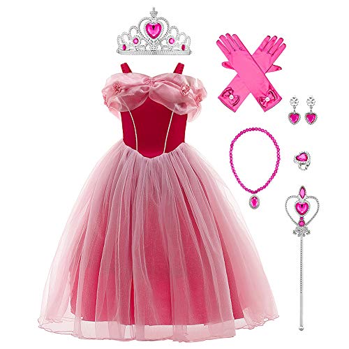 IWEMEK Mädchen Aschenputtel Kostüm Aurora Cinderella Prinzessin Kleid + Zubehör Märchen Cosplay Halloween Karneval Kostüme Weihnachten Festkleid Verkleidung Party Outfits #E: Aurora Set 4-5 Jahre von IWEMEK