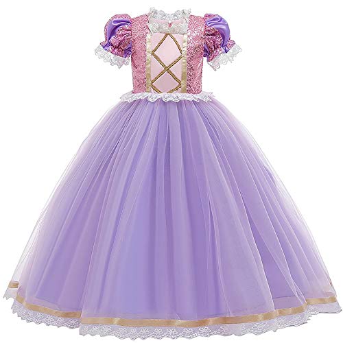 IWEMEK Mädchen Cosplay Kleid Rapunzel Prinzessin Kostüm Kinder Grimms Märchen Halloween Karneval Partykleid Geburtstag Faschingskostüm Festkleid Fancy Dress Up Violett 03 8-9 Jahre von IWEMEK