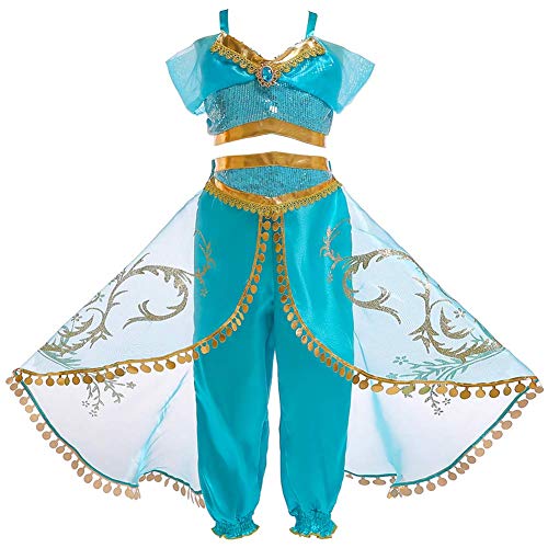 IWEMEK Mädchen Prinzessin Jasmin Kostüm Kinder Arabische Indische Bauchtanz Pailletten Tops Hosen Umhang Aladdin Verkleidung Märchen Cosplay Karneval Halloween Party Kleid Outfits 03 Blau 11-12 Jahre von IWEMEK