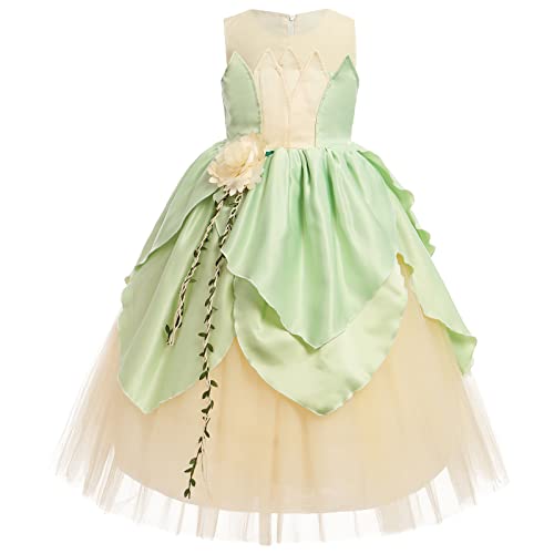 IWEMEK Mädchen Tiana Kostüm Frosch Prinzessin Kleid Märchen Maxi Langes Kleid Halloween Karneval Weihnachten Geburtstag Festzug Partykleid Grün ärmellos 11-12 Jahre von IWEMEK