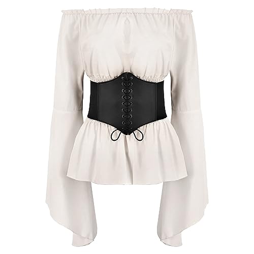 IWEMEK Mittelalter Piratenkostüm Damen Piratenhemd Gothic Steampunk Langarm Off Shoulder Corsett Top Viktorianisches Renaissance Bauern Rüschen gesmokte Taille Boho Pirat Hemd weiß L von IWEMEK