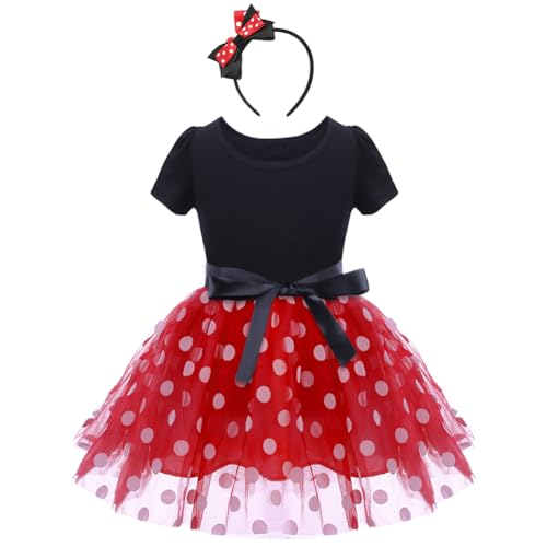 IWEMEK Säuglings Kleinkind Baby Mädchen Prinzessin Tüll Kleid Polka Dot Ballettkeider Trikot Tanzkleider Weihnachten Karneval Cosplay Kleid mit Maus Ohren Bowknot Partykleid Outfits Rot 2-3 Jahre von IWEMEK