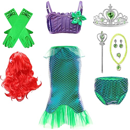 IWFREE Mädchen Meerjungfrau Kostüm Verkleidung Ariel Prinzessin Festkleid Oberteil Rock und Unterteil 3 Stück mit Perücken Krone Zubehör für Halloween Karneval Ankleiden Party Cosplay Ballkleid Outfit von IWFREE