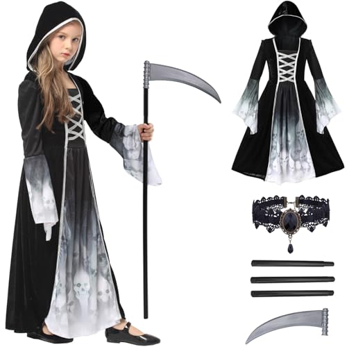 IWFREE Mädchen Sensenmann Kostüm Halloween Cosplay Sensenmann Faschingskostüme Gothic Vintage Kapuzenkleid mit Halskette Sense Set für Karneval Party Maskerade Verkleidung, Kinder 5-14 Jahre IWFREE Mädchen Sensenmann Kostüm Halloween Cosplay Sensenmann Faschingskostüme Gothic Vintage Kapuzenkleid mit Halskette Sense Set für Karneval Party Maskerade Verkleidung, Kinder 5-14 Jahre von IWFREE