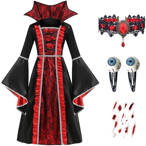 IWFREE Mädchen Vampir Kostüme, Ausgestellte Ärmel Stehkragen Spitze Vampirkönigin Abendkleid und Halskette Haarclip Aufkleber Set für Karneval Party Maskerade Ballkleid Verkleidung, Kinder 5-14 Jahre IWFREE Mädchen Vampir Kostüme, Ausgestellte Ärmel Stehkragen Spitze Vampirkönigin Abendkleid und Halskette Haarclip Aufkleber Set für Karneval Party Maskerade Ballkleid Verkleidung, Kinder 5-14 Jahre von IWFREE