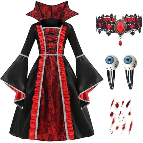 IWFREE Mädchen Vampir Kostüme, Ausgestellte Ärmel Stehkragen Spitze Vampirkönigin Abendkleid und Halskette Haarclip Aufkleber Set für Karneval Party Maskerade Ballkleid Verkleidung, Kinder 5-14 Jahre von IWFREE