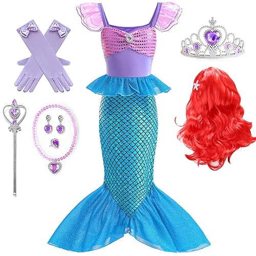 IWFREE Meerjungfrau Kostüm mit Perücken Mädchen Ariel Prinzessin Meerjungfrau Glitzernde Prinzessin Kleid Faschting Festkleid und Zubehör Halloween Karneval Party Geburtstage Geburtstag Outfit von IWFREE