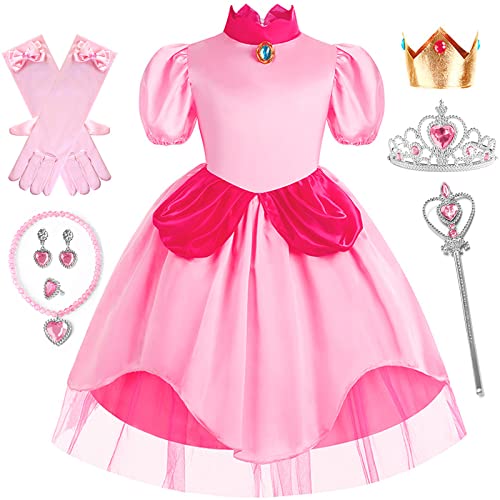 IWFREE Princess Peach Kostüm Mädchen Pfirsich Prinzessin Kleid mit Zubehör Verkleidung Fasching Geburtstag Halloween Party Karneval Ankleiden Cosplay Outfit Rosa von IWFREE