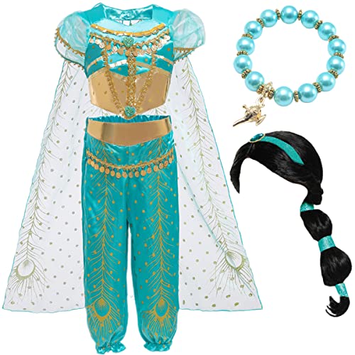 IWFREE Prinzessin Jasmin Mädchen Kostüm mit Perücke Armbänder für Kinder Cosplay Halloween Karneval Prinzessin Geburtstag Party Verkleidung Aladdin Tanzen Oberteil und Hose im Set 3-9 Jahre IWFREE Prinzessin Jasmin Mädchen Kostüm mit Perücke Armbänder für Kinder Cosplay Halloween Karneval Prinzessin Geburtstag Party Verkleidung Aladdin Tanzen Oberteil und Hose im Set 3-9 Jahre von IWFREE