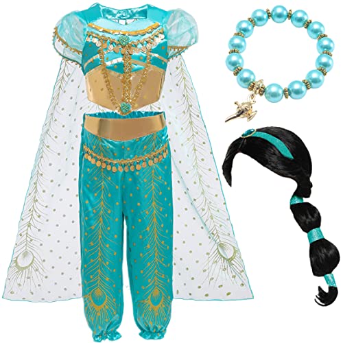 IWFREE Prinzessin Jasmin Mädchen Kostüm mit Perücke Armbänder für Kinder Cosplay Halloween Karneval Prinzessin Geburtstag Party Verkleidung Aladdin Tanzen Oberteil und Hose im Set 3-9 Jahre von IWFREE