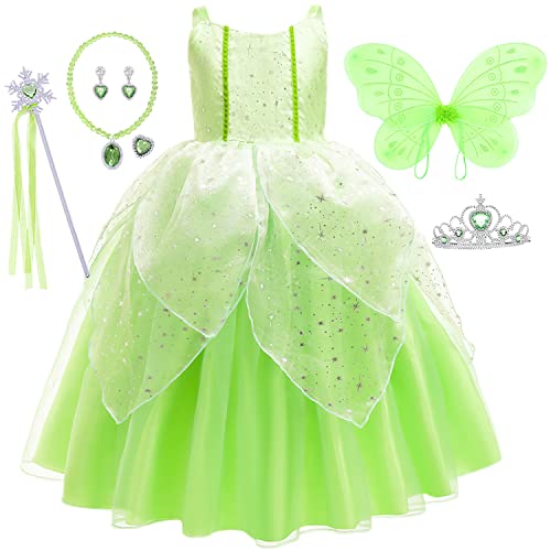 IWFREE Tinkerbell Kostüm mit Flügeln für Mädchen Dress Up Halloween Weihnachten Karneval Fancy Geburtstag Party Grün Tüll Maxi Pailletten Feenkleid und Zubehör Set Kinder 2-12 Jahre von IWFREE