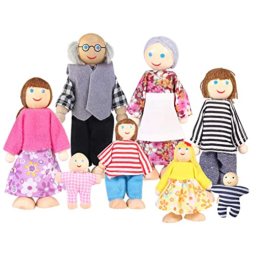 IWILCS 8 Stücke Puppenfamilie Holzpuppen, Puppenfamilie Set, Puppenhaus Biegepuppen für Puppenhaus, Kinder Spiel Haus, Holz Familienpuppen Spielset (Helle Haut, Holz) von IWILCS