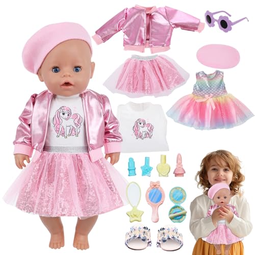 Kleidung Outfits für Baby Puppen 35-43cm, Baby Puppen Puppenkleidung mit Brille Make-up Spielzeugset Hausschuhe, Puppenkleidung für Baby Puppen für Kinder Mädchen(Puppe Nicht enthalten) von IWILCS
