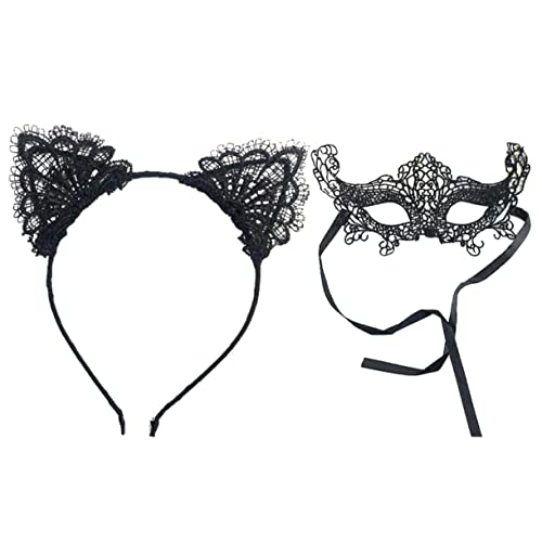 IWOWHERO 2st Katzenhaarreifen Party Lace Stirnband Lady Lace Augenmaske Karnevalsparty Maske Retro Maskerade Maske Brautaugenmaske Kostüm Venezianische Maske Katzenohrhaare Katzenfrau von IWOWHERO