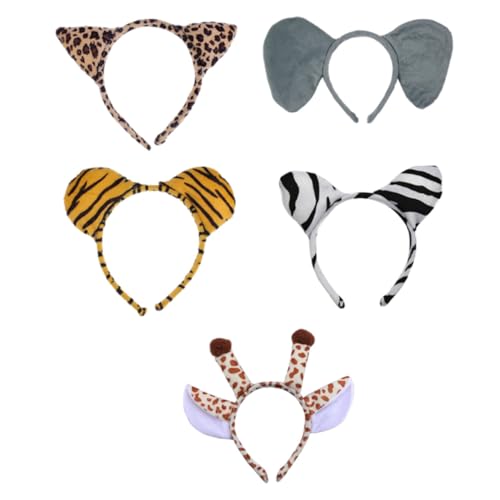 IWOWHERO 5 Stück Teiliges Haarreif Weiche Plüsch Tierohren Stirnbänder Kuschelige Dschungel Tier Designs Giraffe Zebra Tiger Leopard für Karneval Kostüm und Kinderfest von IWOWHERO
