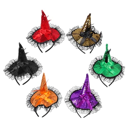 IWOWHERO 6 Stück Halloween Hexenhut Stirnbänder mit Spitze und Pailletten Leichtes Haarband für Damen Komfortabel Vielseitig für Party Kostüm Cosplay und Festliche Anlässe Geeignet von IWOWHERO