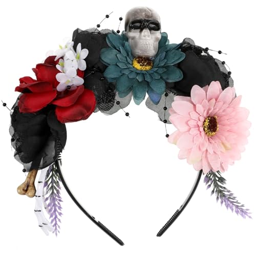 IWOWHERO Buntes Halloween Haarreif mit Realistischen Blumen und Totenkopf für Dekorativer Kopfschmuck für Karneval Kostümfest und Party Angenehme Farbkombination von IWOWHERO