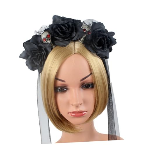 IWOWHERO Halloween Haarreifen mit Skelett und Künstlichen Blumen Stirnband für Schauriges Kostümzubehör für Party und Karneval Schwarzes Halloween Haaraccessoire von IWOWHERO