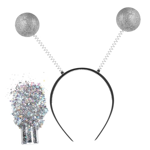 IWOWHERO Silberner Haarreif mit Antennen und Glitzerbällen Leichter Kunststoff Haarreif für Damen Lustiges Party und Karneval Accessoire für Halloween und Cosplay Kostüme von IWOWHERO