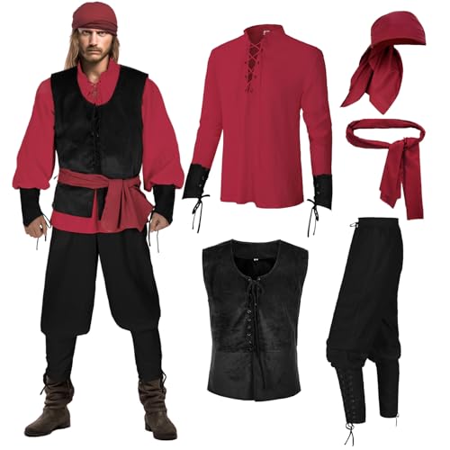 IWQBQ Piratenkostüm für Herren, 5-teilig, mittelalterliche Renaissance-Outfits, Halloween, Wikinger-Set (Z3601rd, S) von IWQBQ