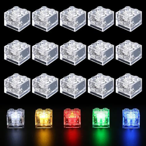 IWTBNOA Leuchtende Bausteine, 15 Stück LED Leuchtsteine Set, 2x2 LED Leuchtsteine, Bausteinteile Set Spielzeug, Klassisches Transparentes Bausteinspielzeug, Kompatibel mit Allen Großen Marken von IWTBNOA