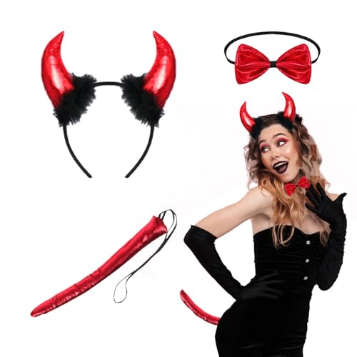 IWTBNOA 3TLG Teufelshörner Kostüm Set, Teufel Kostüm Damen, Teufel Hörner Haarreif, Halloween Kostüm Damen Teufel mit Fliege, Teufelsschwanz und Devil Horn, für Erwachsene Karneval Maskerade Cosplay IWTBNOA 3TLG Teufelshörner Kostüm Set, Teufel Kostüm Damen, Teufel Hörner Haarreif, Halloween Kostüm Damen Teufel mit Fliege, Teufelsschwanz und Devil Horn, für Erwachsene Karneval Maskerade Cosplay von IWTBNOA