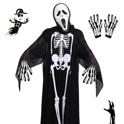 IWTBNOA 4TLG Skelett Halloween Kostüm Set, Skeltt Kostüm mit Maske Scream -Ghost Face Outfit - Handschuhen, Sensenmann Kostüm Set für Kinder Erwachsene Halloween Kostümparty Cosplay Maskerade von IWTBNOA