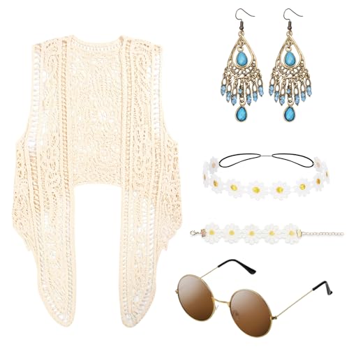 IWTBNOA 6 Stück Hippie Kostüm Set, 60er 70er Jahre Hippie Kleidung Damen Unregelmäßige Boho Hippie Weste mit Hippie Sonnenbrille, Friedenszeichen Halskette, Ohrring, Blumen Haarband und Armband von IWTBNOA