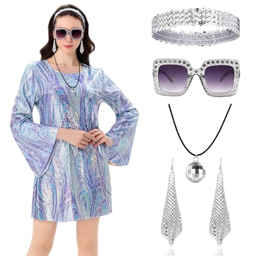 IWTBNOA 70er Jahre Outfit Damen, 60er 70er Jahre Bekleidung Damen, Hippie Kostüm Damen Set mit Mode Pailletten und Accessoires, Hippie Glitzer Kleid Mode, Faschingskostüme für Karneval Themenparty von IWTBNOA