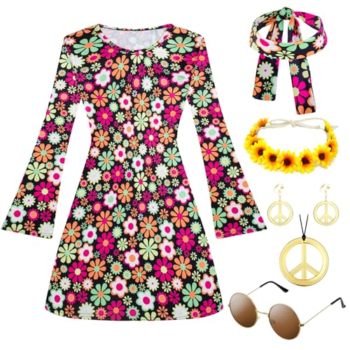 IWTBNOA 60er 70er Hippie Kostüm Set Mit Accessoires, Retro Damen Hippie, 70er Jahre Bekleidung, Kleidung Disco Outfit, Schlager Outfit für Mottoparty Cosplay Karneval (L) von IWTBNOA