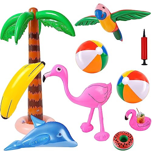 IWTBNOA Aufblasbare Palmen Spielzeug Set mit Luftpumpe, 10 Stück Strand Spielzeug, Kokosnussbaum, Flamingo, Papageien, Delphin, Strandball, Banane, Wassermelone, Hawaii Deko Themenparty, Luau Party von IWTBNOA