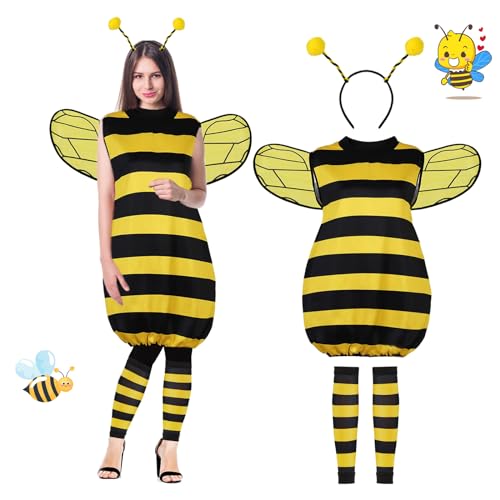 IWTBNOA Biene Kostüm für Erwachsene, 4-Teiliges Hummel-kostüm für Erwachsene, Carnaval Bienenkostüm, Faschings-Kostüme mit Flügeln, Beinärmel und Haarreif, für Karneval Party Cosplay von IWTBNOA
